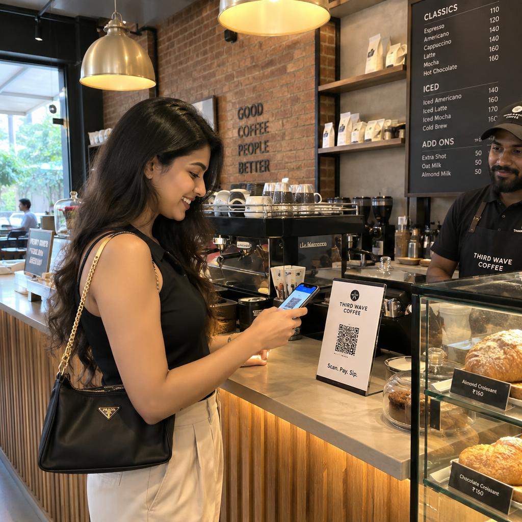 Customer scanning the Stampyard QR at a premium cafe